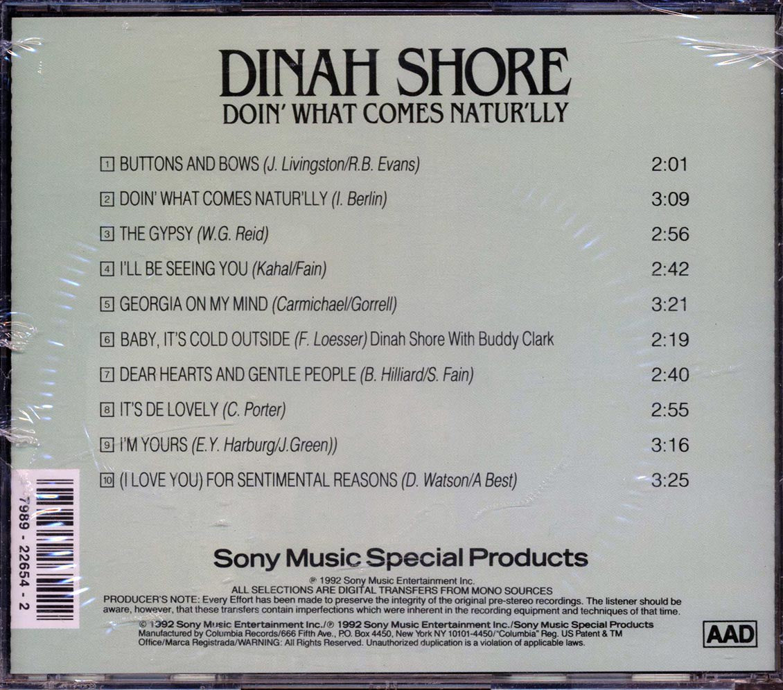 Dinah Shore - Doin' What Comes Natur'lly Music CD