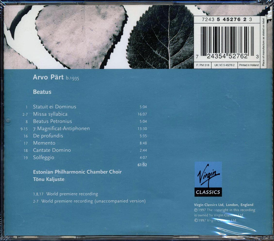 Arvo Part, Estonian Philharmonic Chamber Choir, Tonu Kaljuste - Beatus Music CD