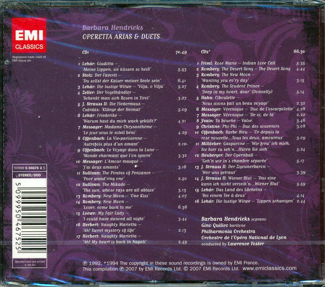 Barbara Hendricks, Gino Quilico, Philharmonia Orchestra, Etc. - Operetta Arias And Duets  (33 tracks) (2xCD) Music CD