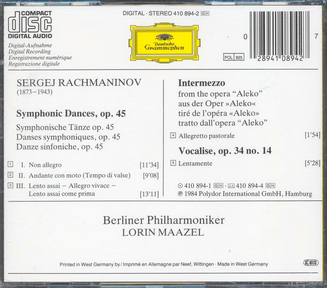 Rachmaninov, Berliner Philharmoniker, Lorin Maazel, Etc. - Symphonic Dances Music CD
