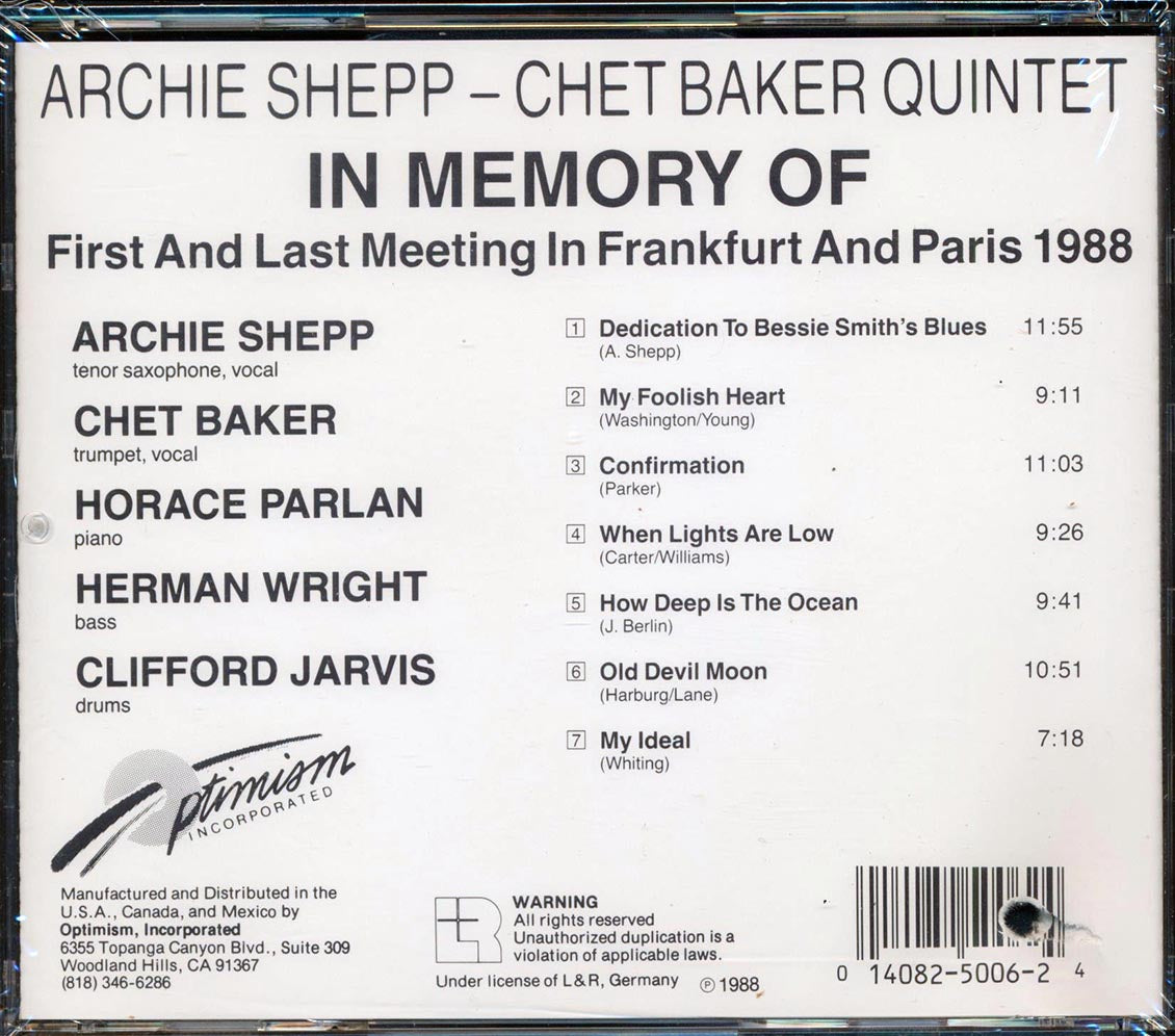 Archie Shepp & Chet Baker Quintet - In Memory Of  (marked/ltd stock) Music CD