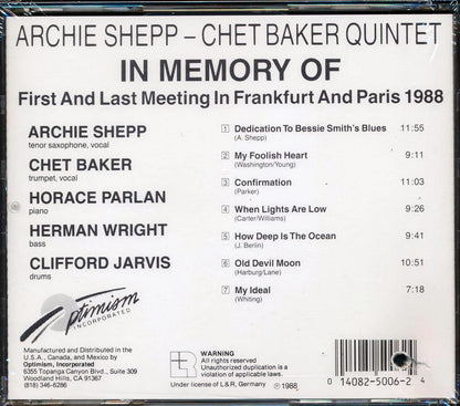 Archie Shepp & Chet Baker Quintet - In Memory Of  (marked/ltd stock) Music CD