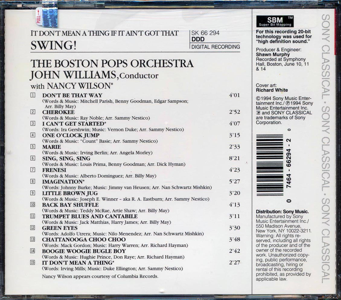John Williams, The Boston Pops Orchestra, Nancy Willson, Etc. - It Dont Mean A Thing If It Aint Got That Swing Music CD