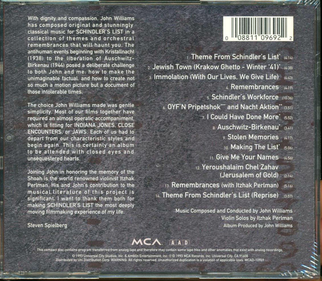 John Williams - Schindlers List Original Motion Picture Soundtrack Music CD