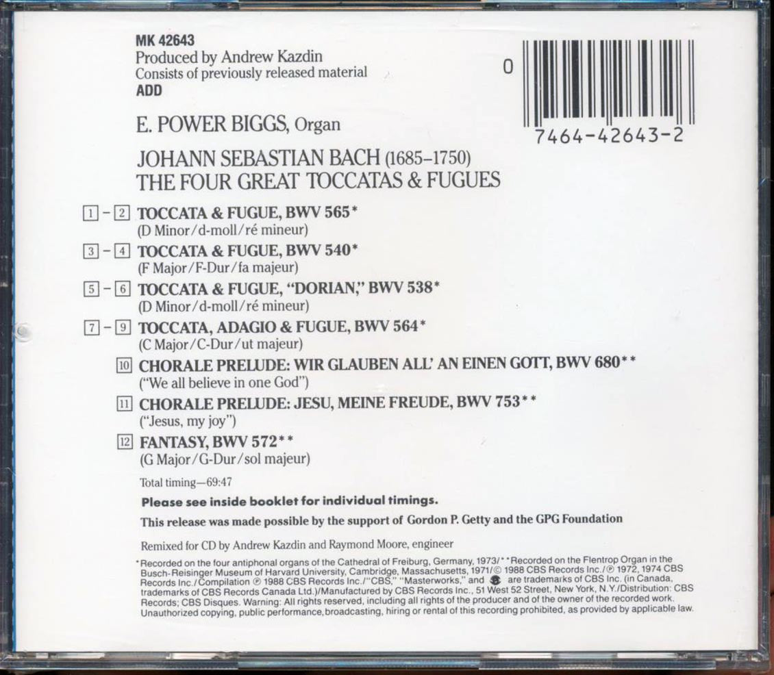 Bach E. Power Biggs  - The Four Great Toccatas And Fugues Music CD