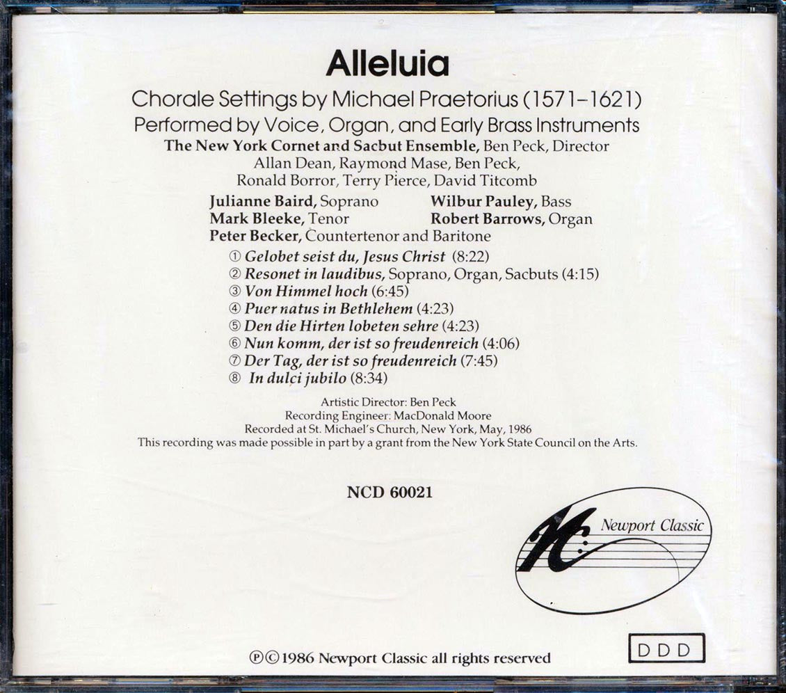 Michael Praetorius The New York Cornet & Sacbut Ensemble Julianne Baird Wilbur Pauley Mark Bleeke Robert Barrows Peter Becker Alleluia Music CD