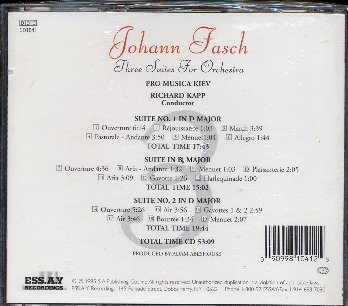 Johann Fasch, Richard Kapp - Three Suites For Orchestra Music CD