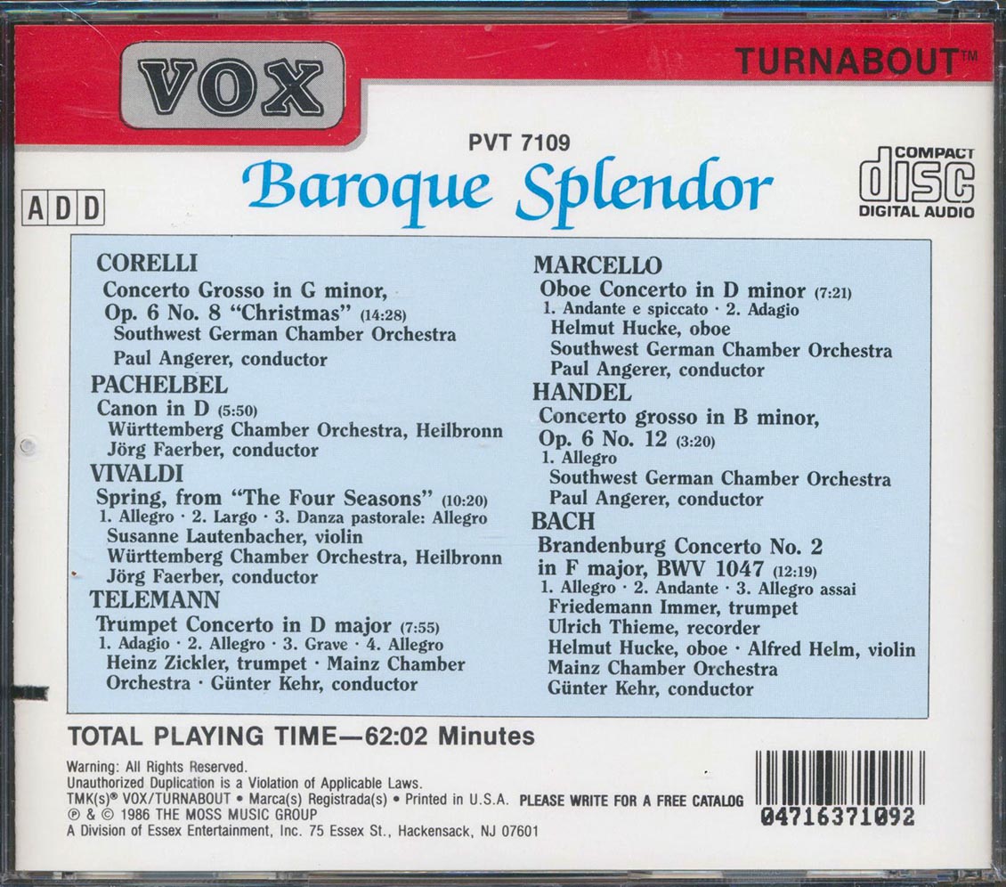 Corelli, Pachelbel, Vivaldi, Telemann, Marcello, Handel, Bach - Baroque Splendor (marked/ltd stock) Music CD