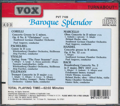 Corelli, Pachelbel, Vivaldi, Telemann, Marcello, Handel, Bach - Baroque Splendor (marked/ltd stock) Music CD