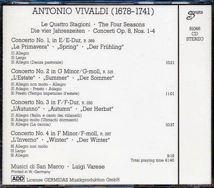 Antonio Vivaldi, Musici Di San Marco, Luigi Varese - The Four Seasons: Le Quattro Stagioni Music CD