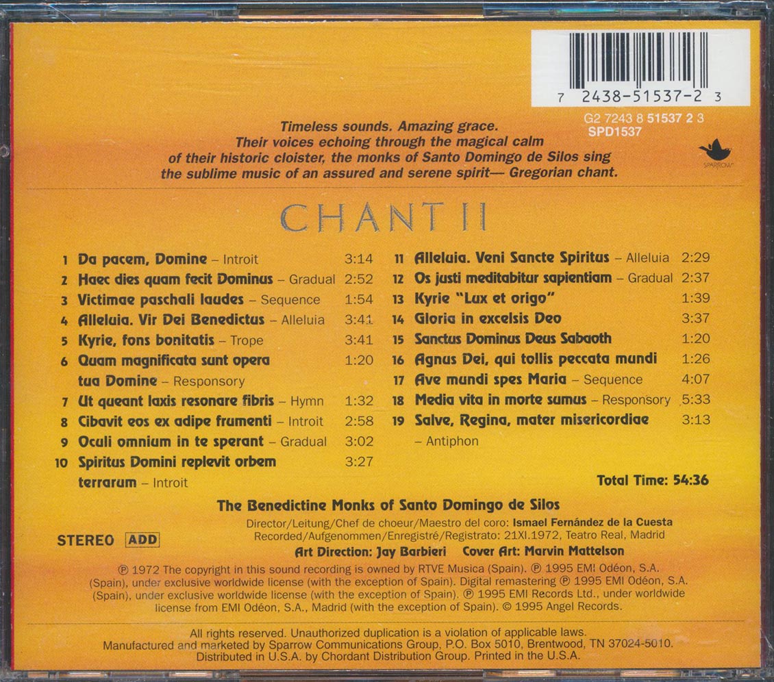 The Benedictine Monks Of Santo Domingo De Silos - Chant II Music CD