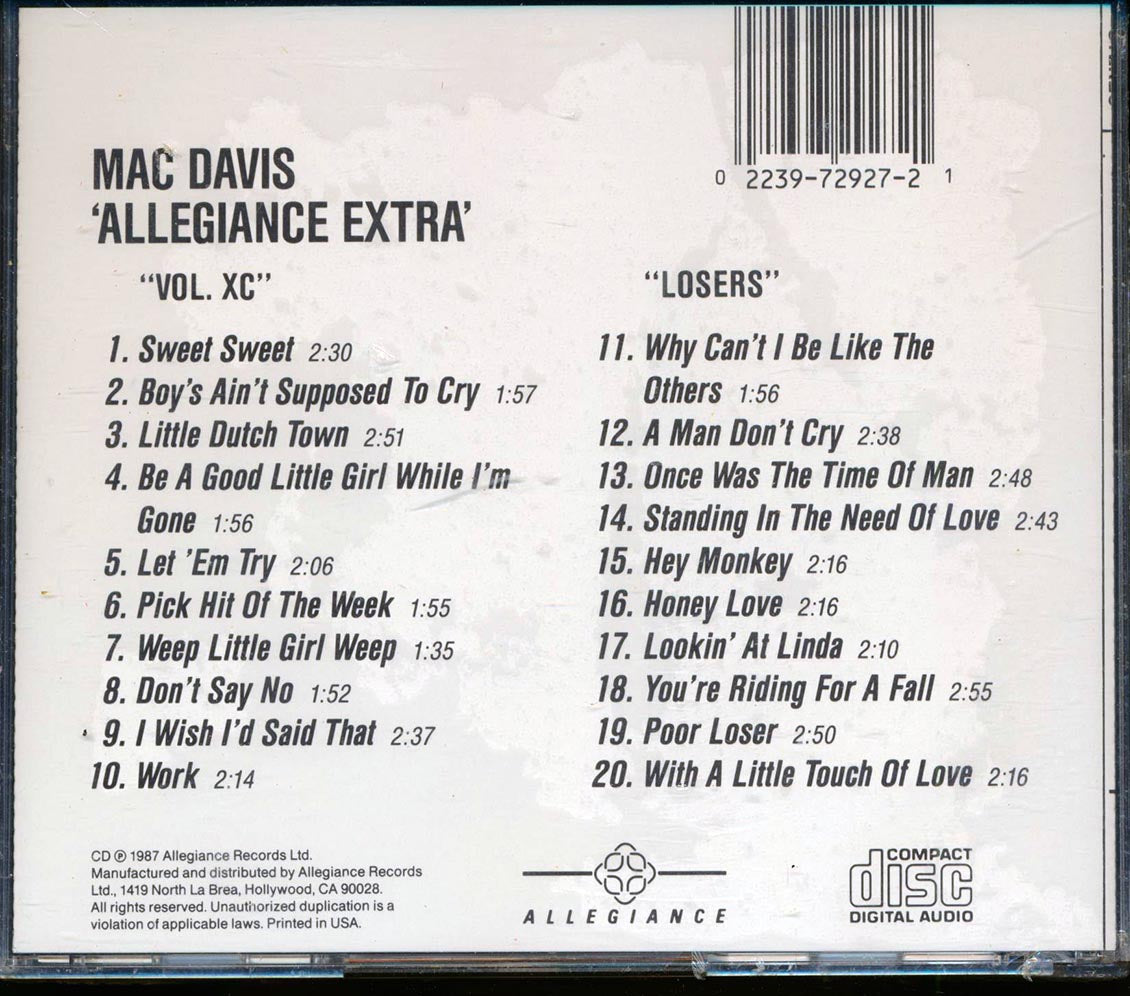 Mac Davis - Allegiance Extra: Vo. XC + Losers (2 albums on 1 CD) (20 tracks) Music CD