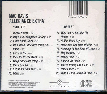 Mac Davis - Allegiance Extra: Vo. XC + Losers (2 albums on 1 CD) (20 tracks) Music CD