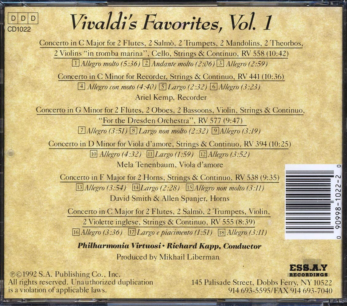 Antonio Vivaldi, Philharmonia Virtuosi, Richard Kapp - Vivaldi's Favorites Volume 1: Six Concertos For Diverse Instruments) Music CD