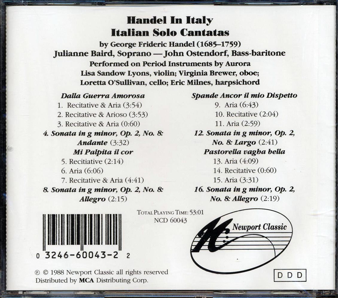 George Frideric Handel, Julianne Baird, John Ostendorf, Aurora - Handel In Italy: Italian Solo Cantatas Music CD