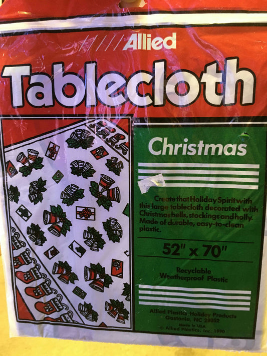 Vintage 1990 Christmas Bells Stocking Holly Festive Plastic Tablecloth Decor