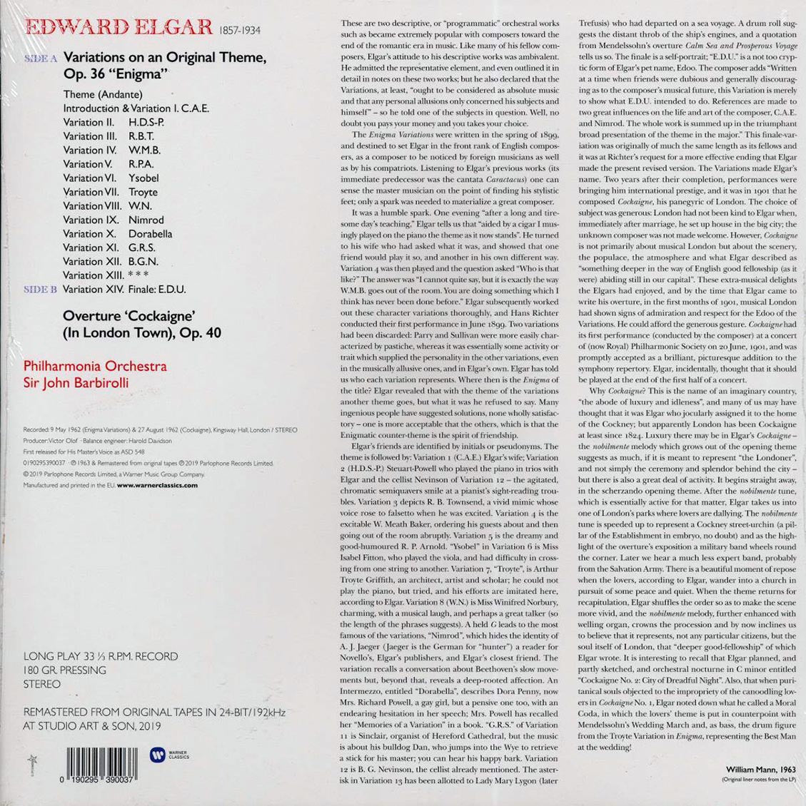 Elgar, Sir John Barbirolli, Philharmonic Orchestra - Enigma Variations, Etc. Vinyl Record