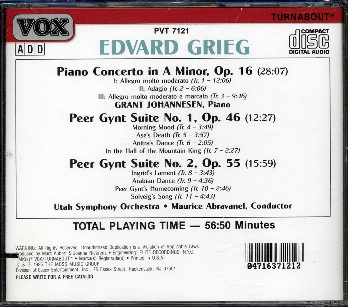 Edvard Grieg, Grant Johannesen, Utah Symphony Orchestra, Maurice Abravanel - Piano Concerto / Peer Gynt Suites (marked/ltd stock) Music CD