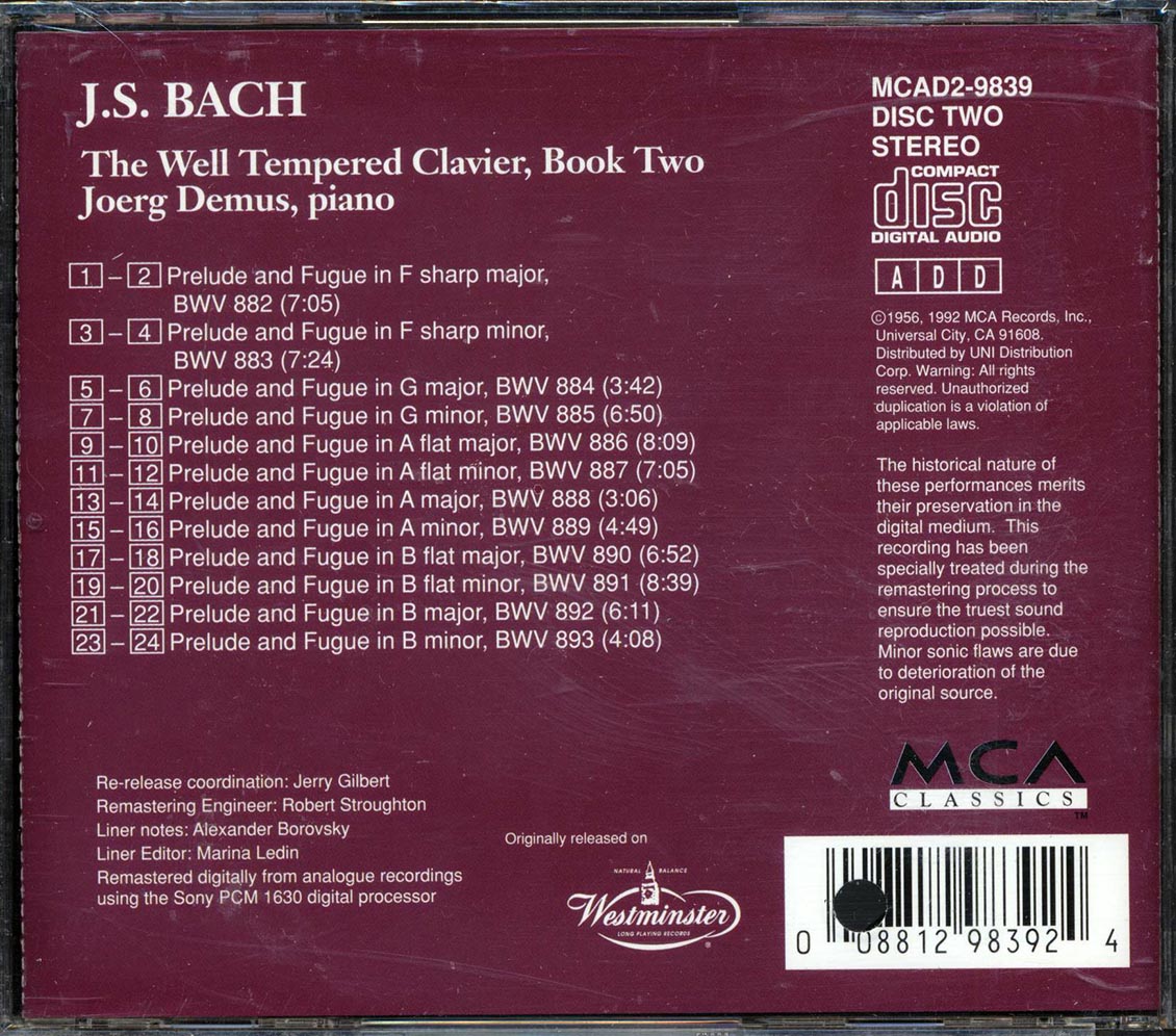 Johann Sebastian Bach, Joerg Demus - The Well Tempered Clavier, Book Two (marked/ltd stock) Music CD