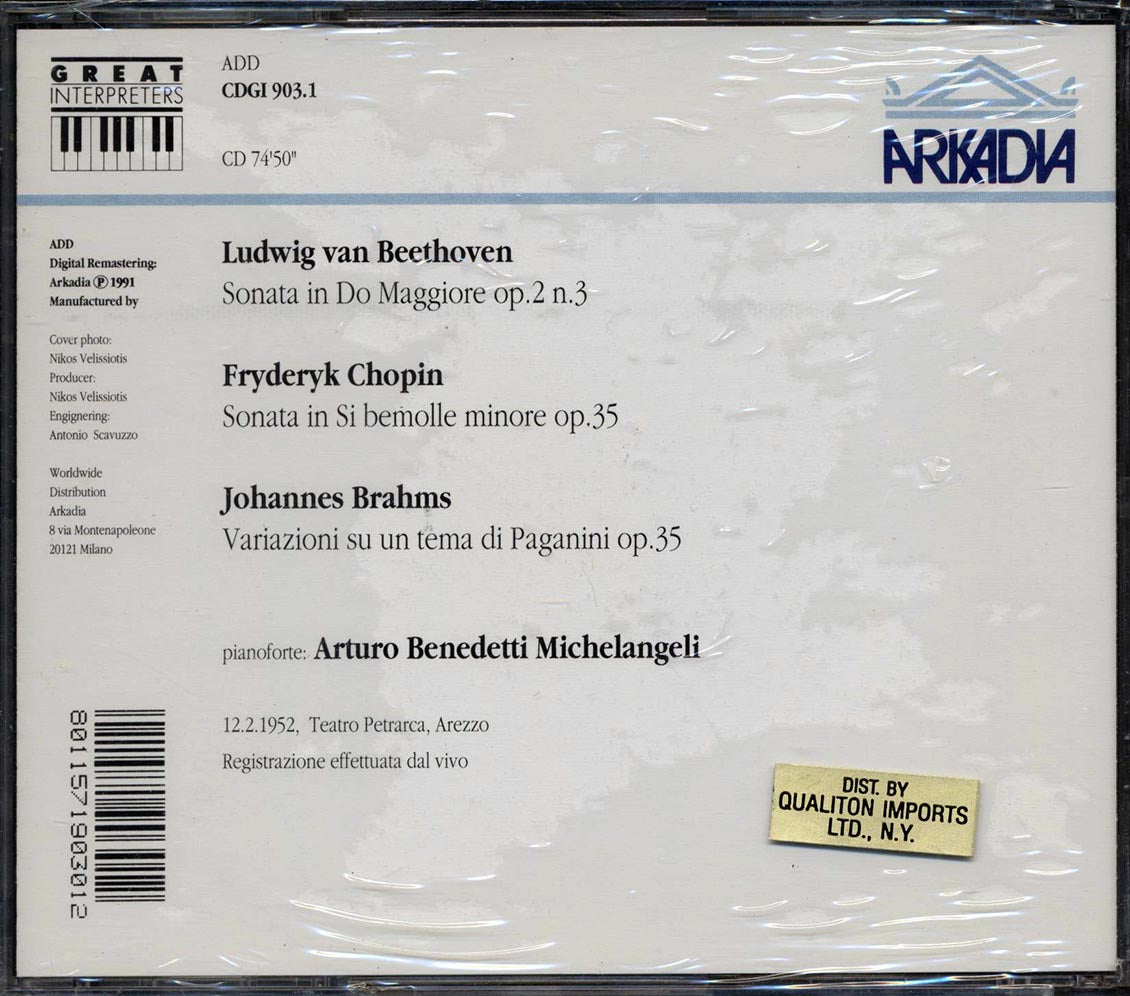Arturo Benedetti, Michelangeli, Beethoven, Chopin, Brahms - Arezzo 1952 Music CD