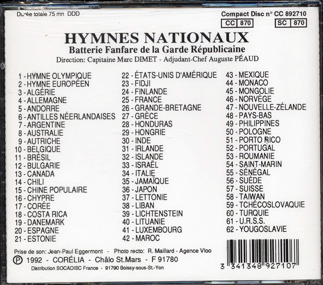 Batterie Fanfare De La Garde Republicaine - Hymnes Nationaux (62 tracks) Music CD