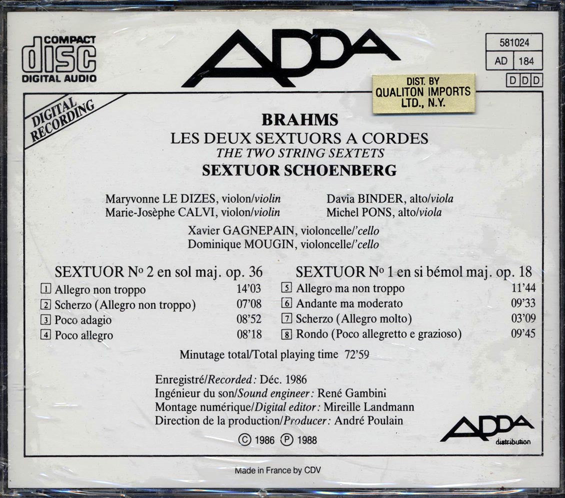 Sextour Schoenberg, Brahms - Brahms: Les Deux Sextours A Code Music CD