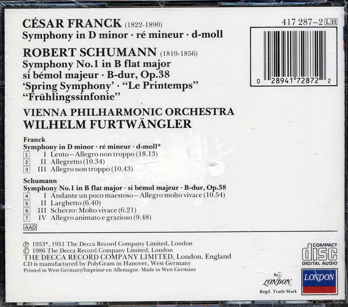 Franck, Schumann, Vienna Philharmonic, Wilhelm Furtwangler - Symphony In D Minor, Spring Symphony Music CD