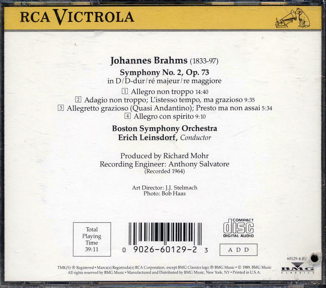 Brahms, Boston Symphony Orchestra, Erich Leinsdorf - Symphony No. 2 Music CD