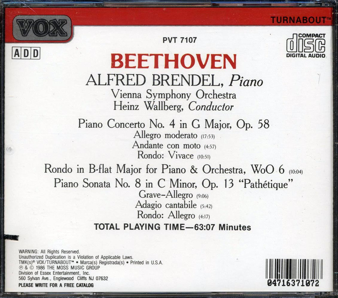 Beethoven, Alfred Brendel, Vienna Symphony Orchestra, Heinz Wallberg - Piano Concerto No. 4, Rondo In B-Flat, Pathetique Sonata Music CD