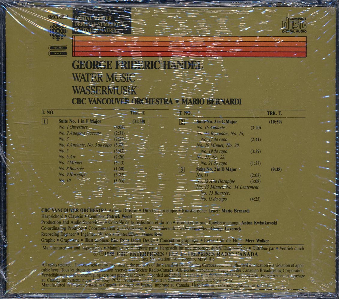 Georg Friedrich Handel, Mario Bernardi, CBC Vancouver Orchestra - Water Music Music CD