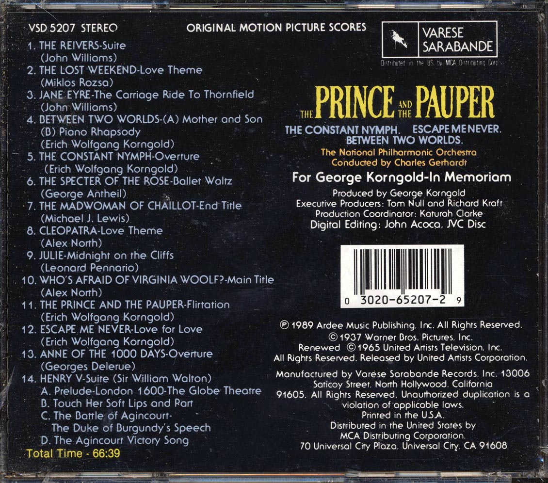 Erich Wolfgang Korngold, John Williams, Alex North, Etc. - The Prince And The Pauper Music CD