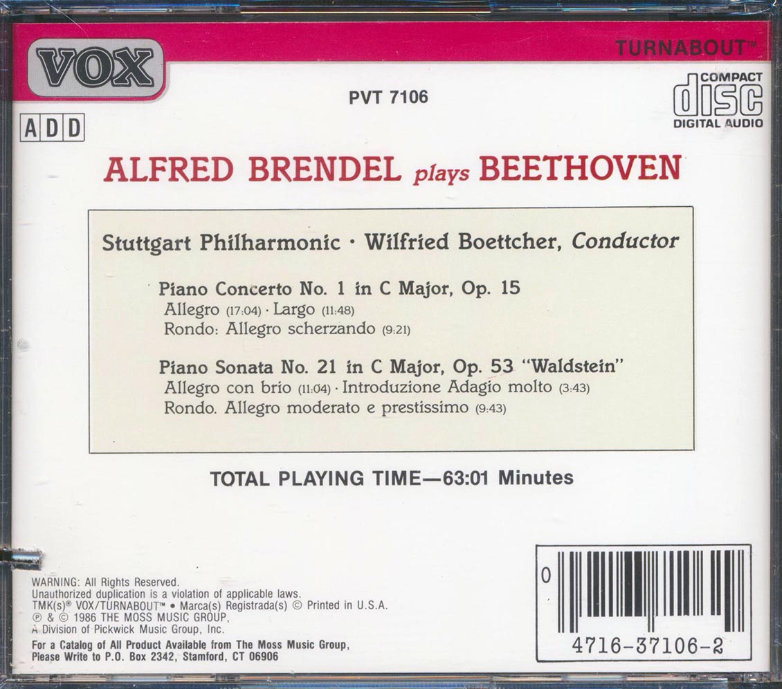 Alfred Brendel, Beethoven - Piano Concerto No. 1 Waldstein Sonata, Stuttgart Philharmonic, Wilfred Boettcher Conductor Music CD
