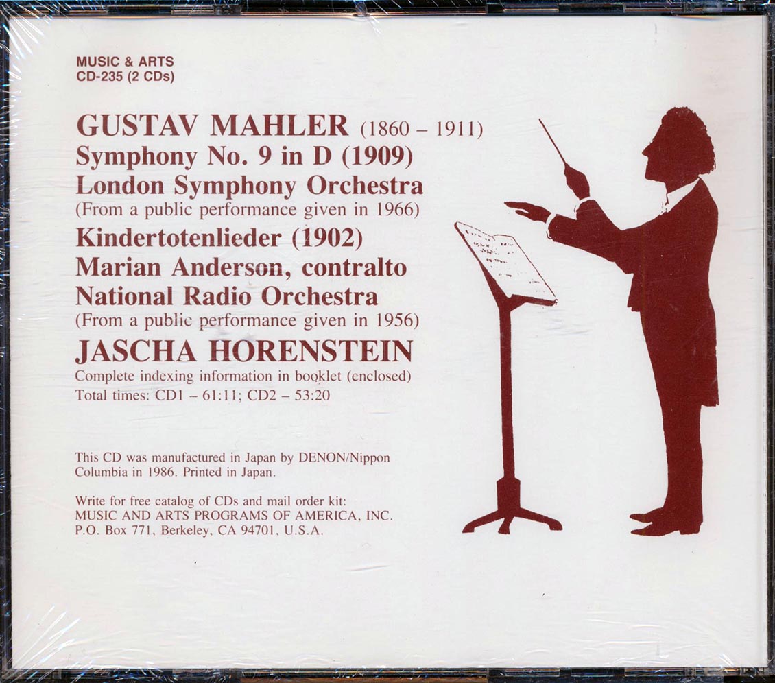 Mahler, Horenstein, Marian Anderson - Symphony No. 9 Kindertotenlieder (Japan) (2xCD) Music CD