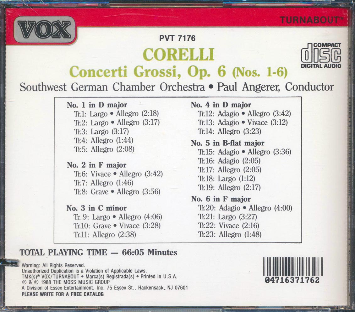 Arcangelo Corelli, Sudwestdeutsches Kammerorchester, Christoph Angerer, Wolfgang Rosch, Etc. - Concerti Grossi, Op. 6 (Nos. 1-6) (marked/ltd stock) Music CD