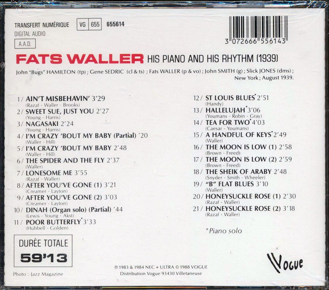 Fats Waller - His Piano And His Rhythm (21 tracks) Music CD
