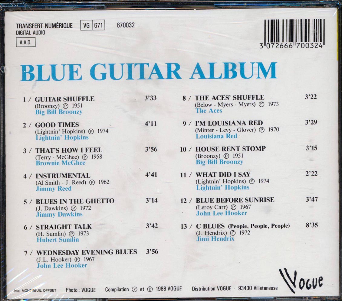 Big Bill Broonzy, Lightnin' Hopkins, John Lee Hooker, Louisiana Red, Jimi Hendrix, Etc. - Blue Guitar Album Music CD