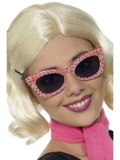 Pink 50's Style Frames Glasses with Black Polka Dots and Tinted Lenses