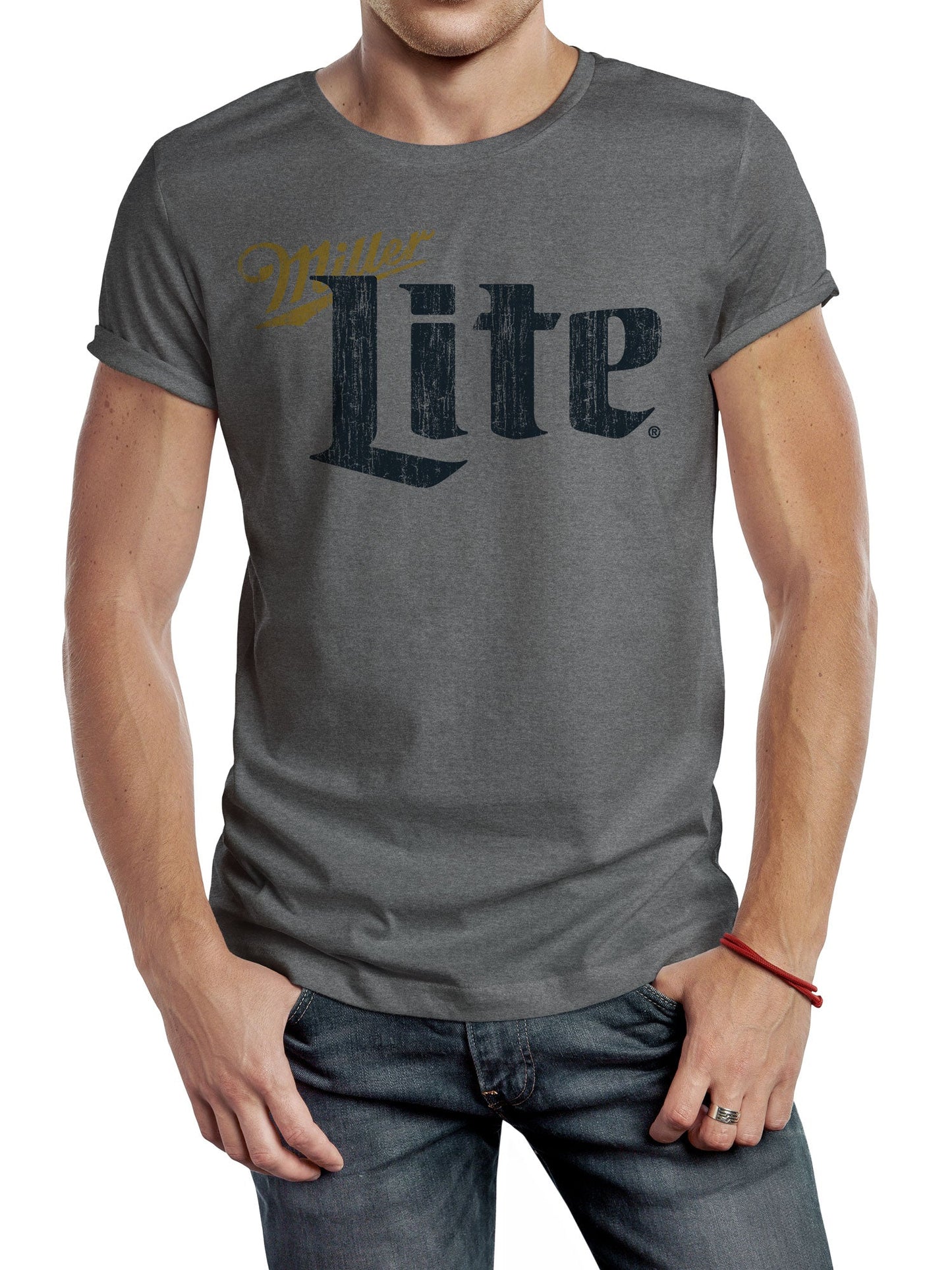Miller Lite Distressed Logo Mens T Shirt Gray Officially Licensed