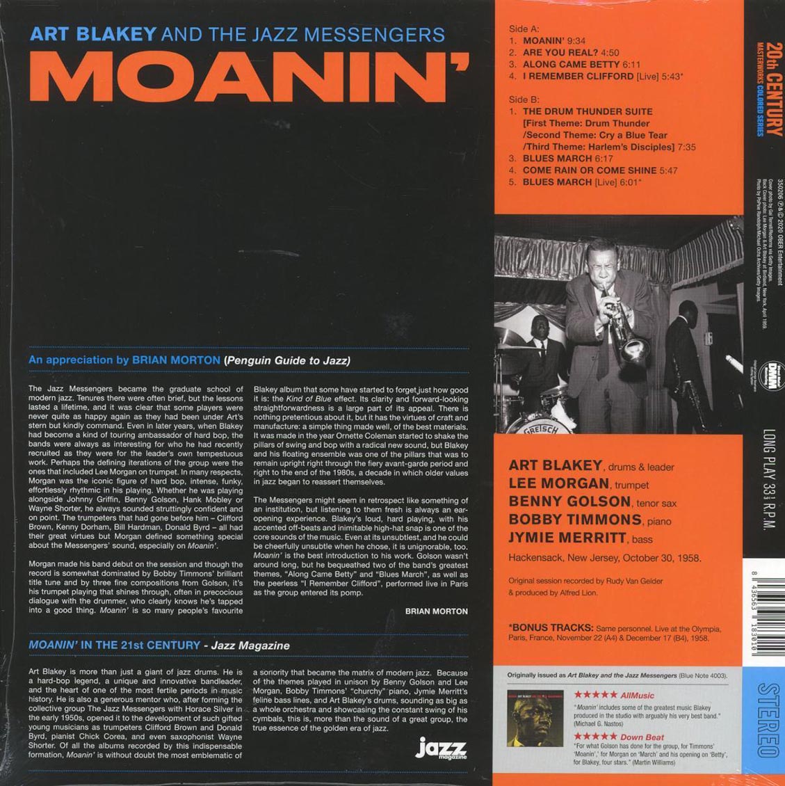 Art Blakey & The Jazz Messengers - Moanin' (+2 bonus tracks) (ltd. ed.) (180g) (red vinyl) Vinyl Record