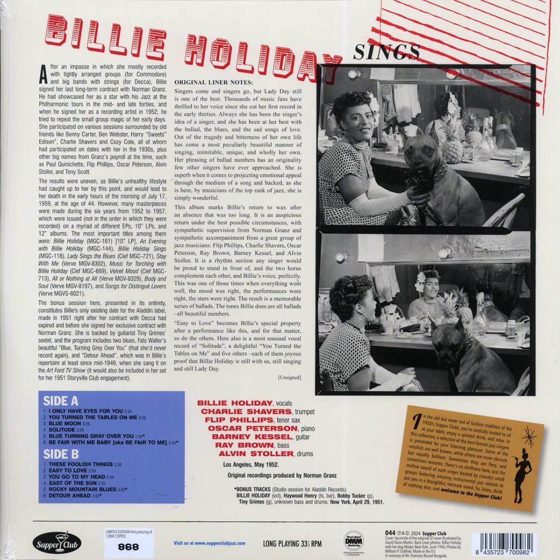Billie Holiday - Sings (+4 bonus tracks) (ltd. ed.) (180g) Vinyl Record