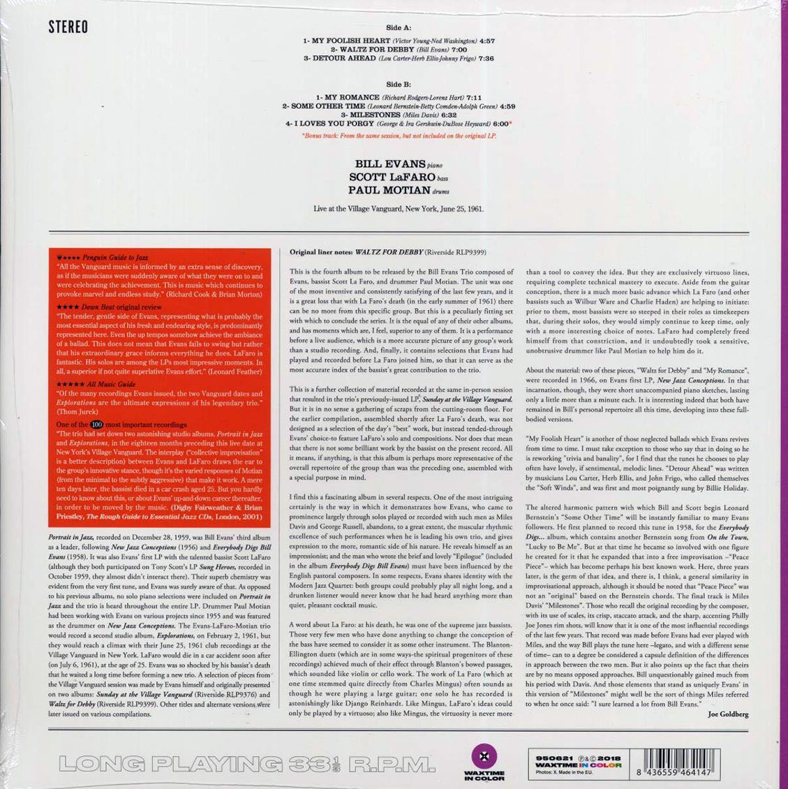 Bill Evans Trio - Waltz For Debby (+bonus track) (ltd. ed.) (180g) (purple vinyl) Vinyl Record