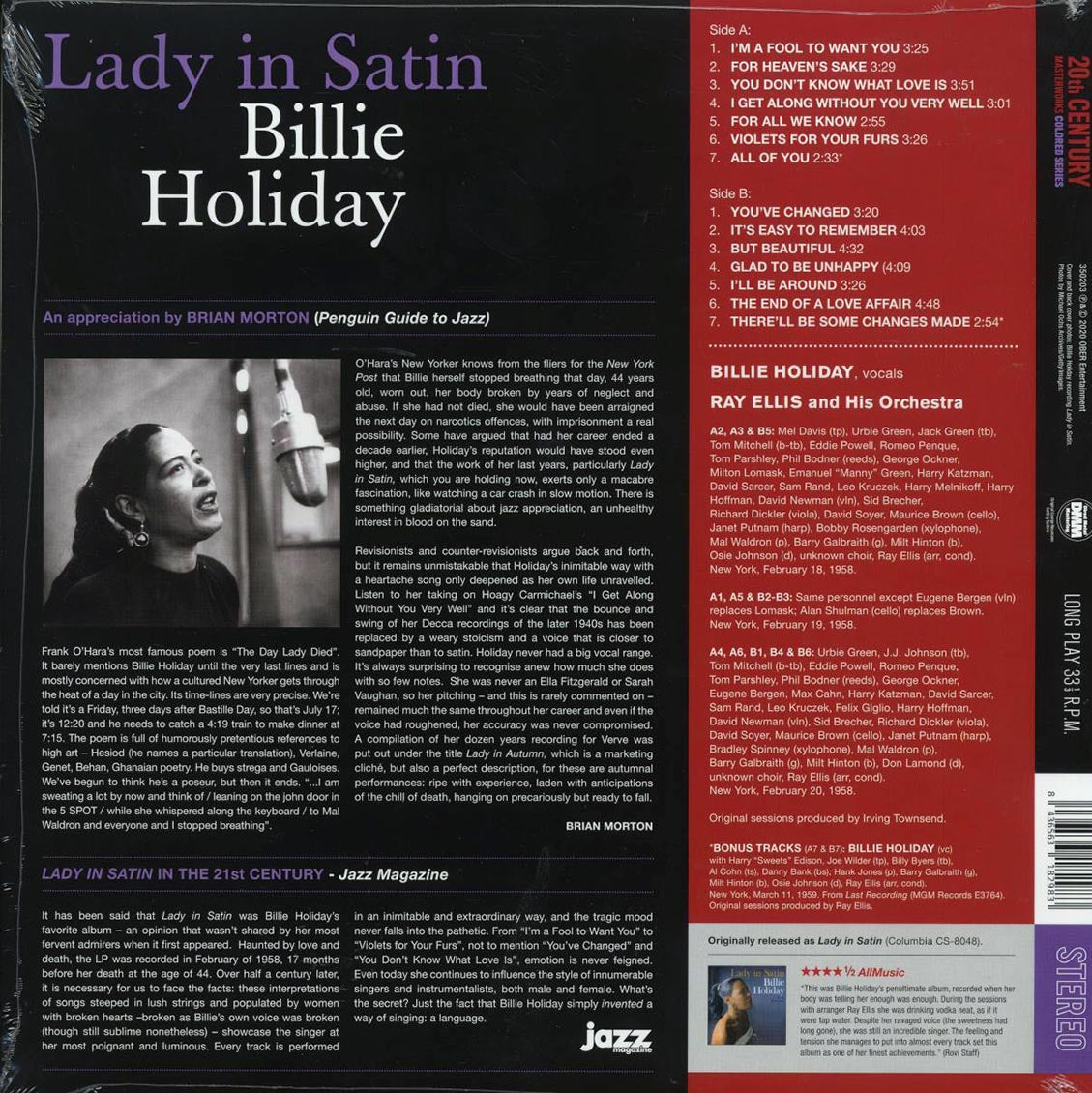 Billie Holiday - Lady In Satin (+3 bonus tracks) (ltd. ed.) (180g) (purple vinyl) Vinyl Record