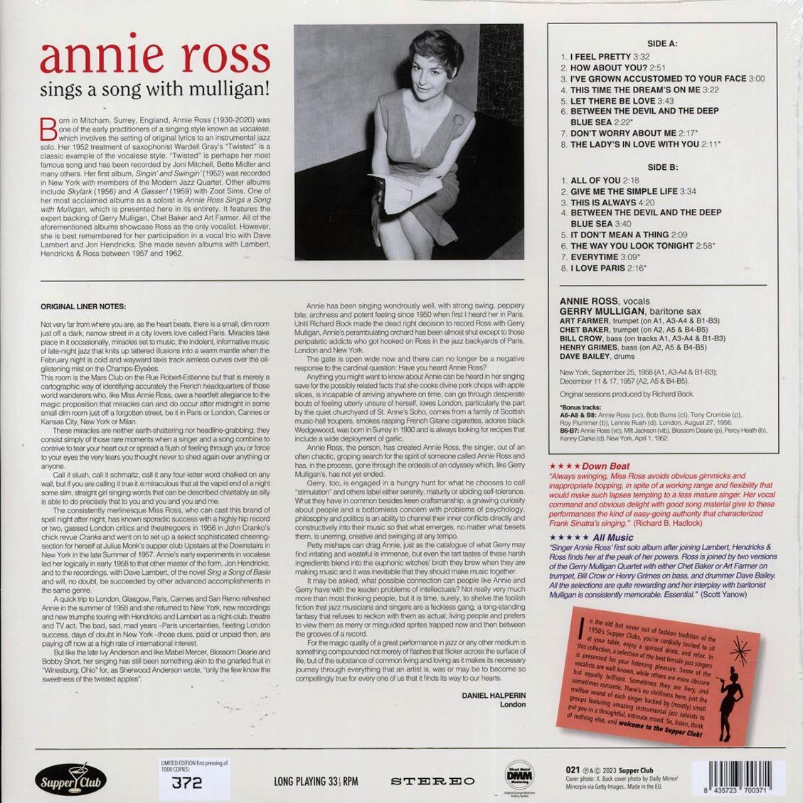 Annie Ross - Sings A Song With Mulligan! (+6 bonus tracks) (ltd. ed.) (180g) Vinyl Record