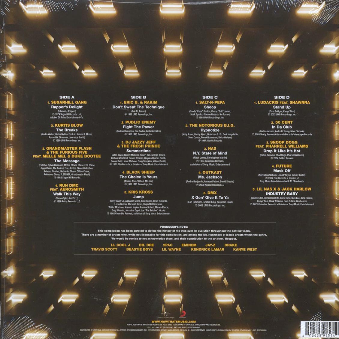 Sugarhill Gang, Grandmaster Flash, Public Enemy, Nas, Notorious BIG, OutKast, 50 Cent, Snoog Dogg, Future, Run-DMC, Etc. - Now That's What I Call Hip-Hop At 50 (2xLP) (black ice vinyl) Vinyl Record