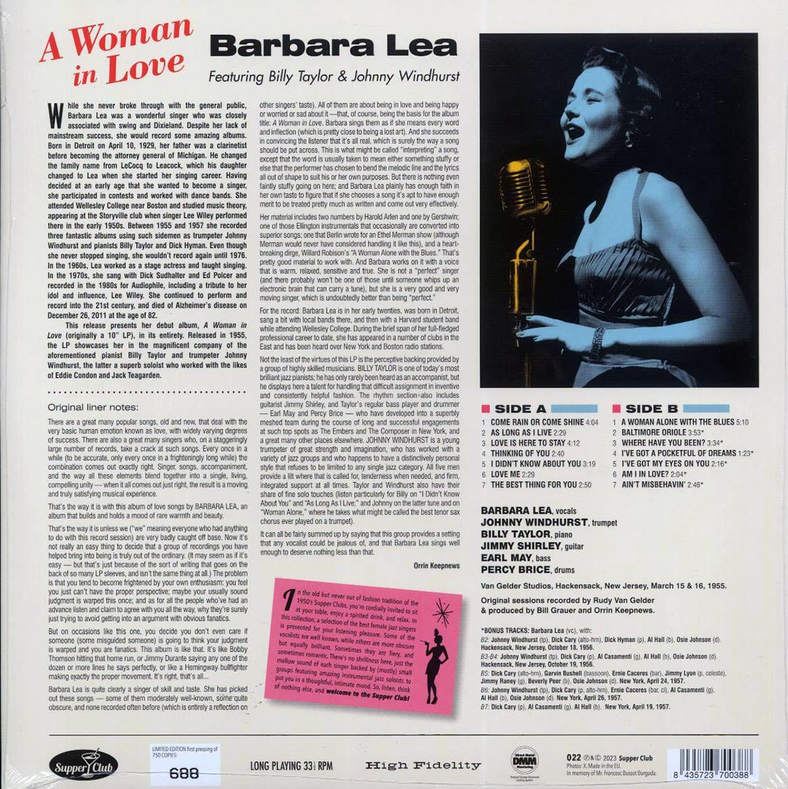 Barbara Lea, Billy Taylor And His Trio, Johnny Windhurst - A Woman In Love (+6 bonus tracks) (180g) Vinyl Record