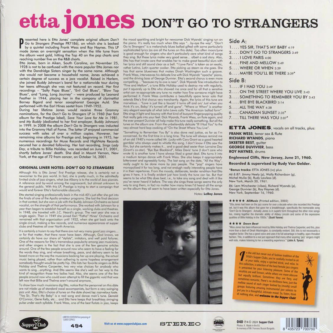 Etta Jones - Don't Go To Strangers (+3 bonus tracks) (180g) Vinyl Record
