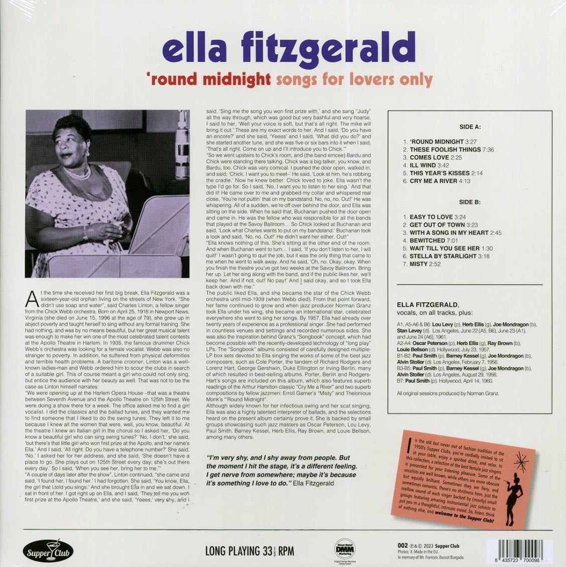 Ella Fitzgerald - 'Round Midnight: Songs For Lovers Only (180g) Vinyl Record