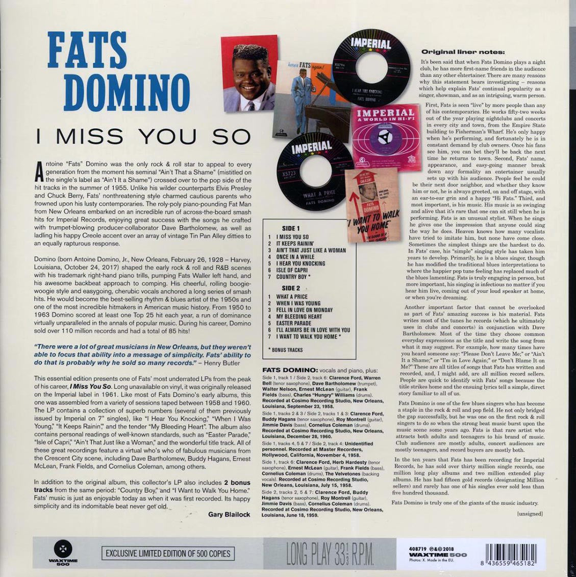 Fats Domino - I Miss You So (+2 bonus tracks) (180g) Vinyl Record
