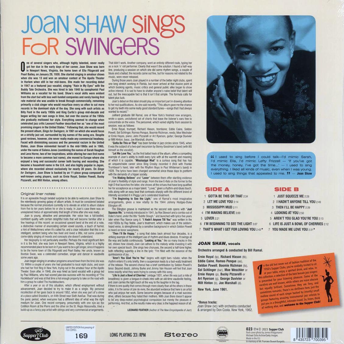 Joan Shaw - Sings For Swingers (+2 bonus tracks) (ltd. ed.) (180g) Vinyl Record