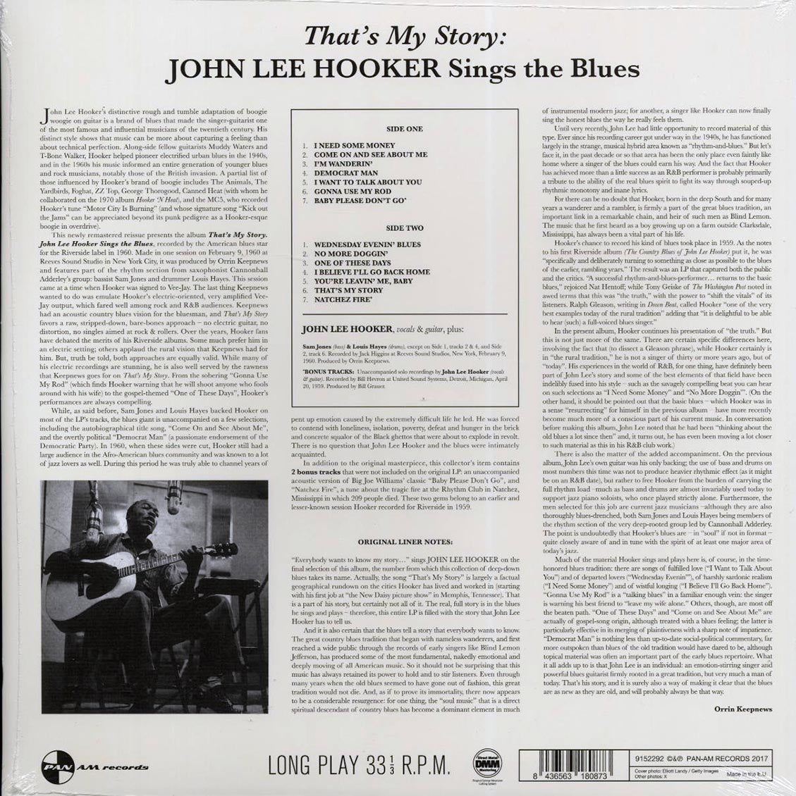 John Lee Hooker - That's My Story: John Lee Hooker Sings The Blues (+2 bonus tracks) (ltd. ed.) (180g) Vinyl Record